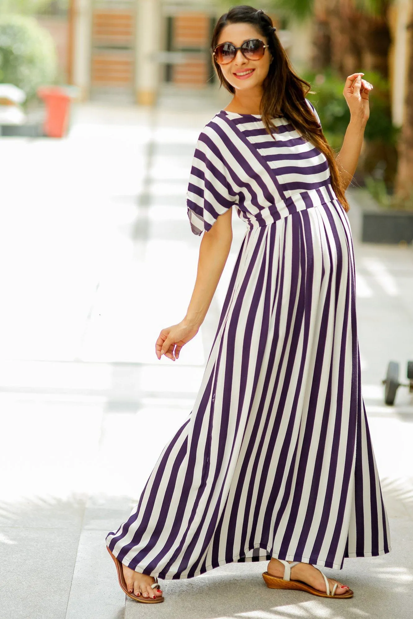 Deep Purple Stripe Maternity & Nursing Maxi