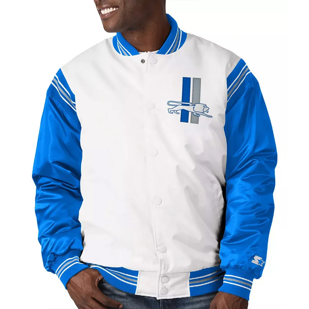 Detroit Lions Historic Logo Renegade White/Blue Satin Jacket