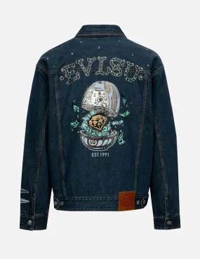 Diamond Daruma and Seagull Print Loose Fit Denim Jacket