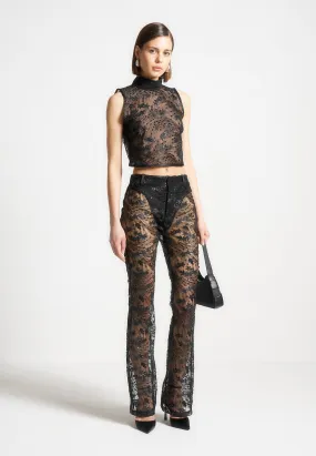 Embellished Lace Fit and Flare Trousers - Black