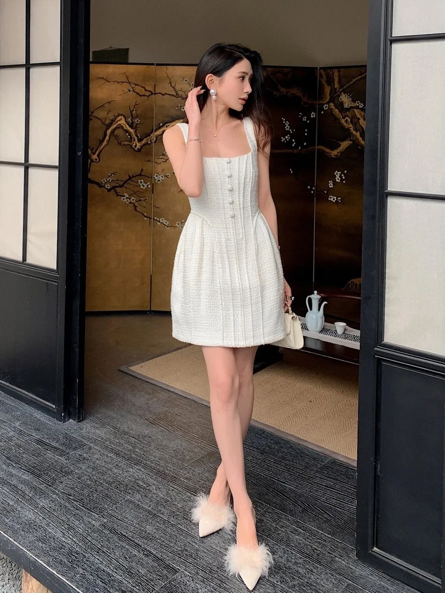 French style pure desire design slim waist milky white vest dress texture flower bud short skirt