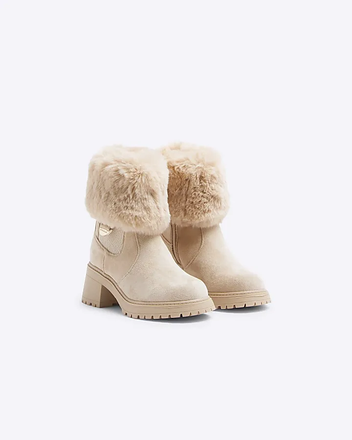 Girls Beige Faux Fur Cuff Heeled Boot