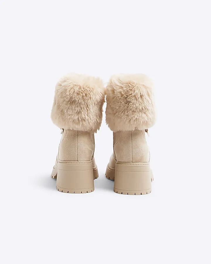 Girls Beige Faux Fur Cuff Heeled Boot