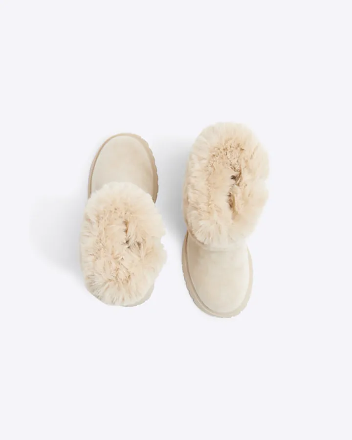 Girls Beige Faux Fur Cuff Heeled Boot