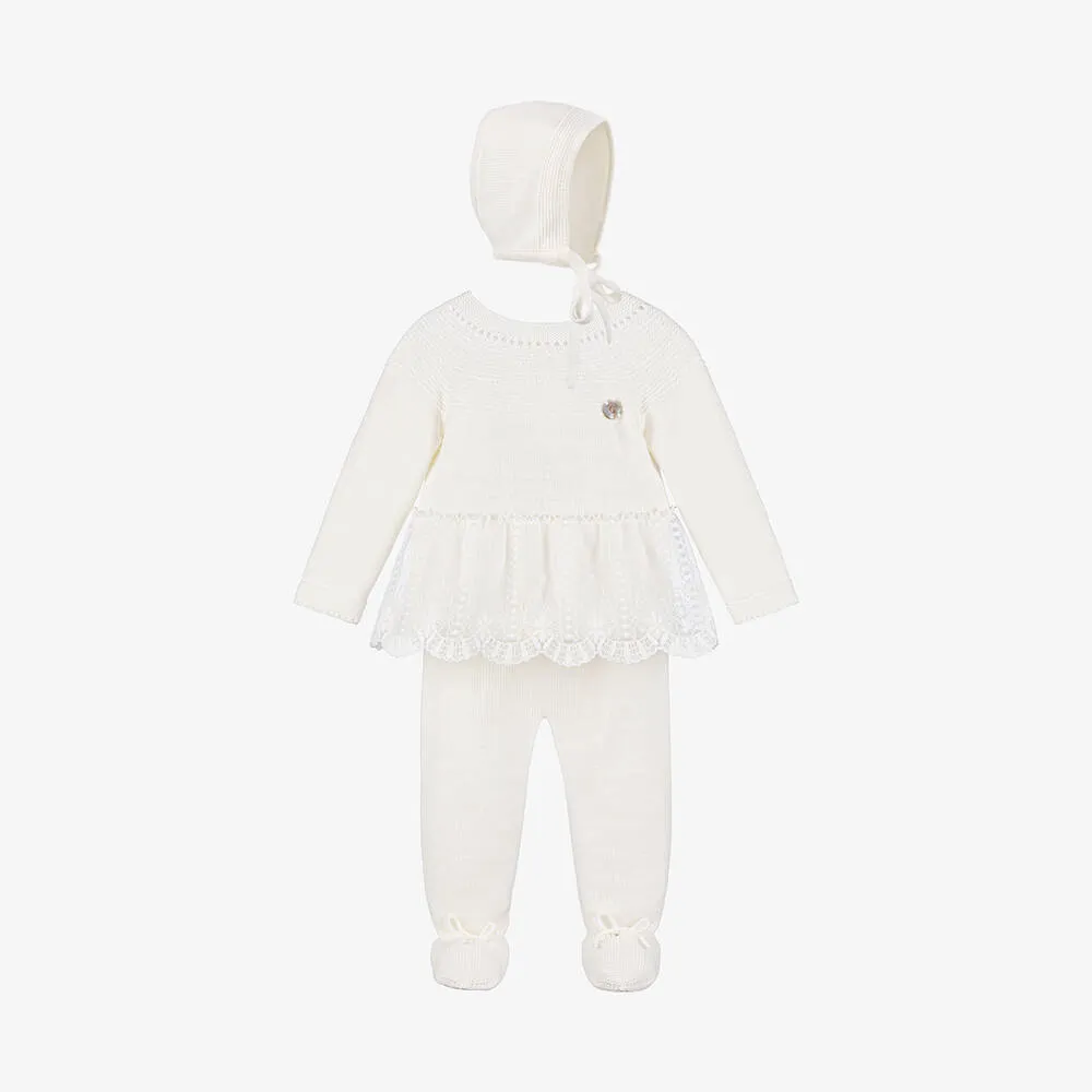 Girls Ivory Knitted Babysuit & Hat Set