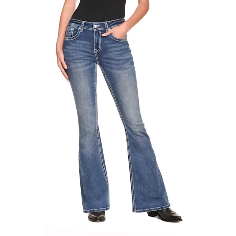 Grace in LA Women's Medium Wash with Aztec Embroidery and Leather Accent Pockets Flare Leg Jeans