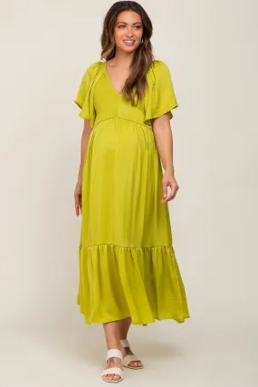 Green Satin Smocked Maternity Midi Dress