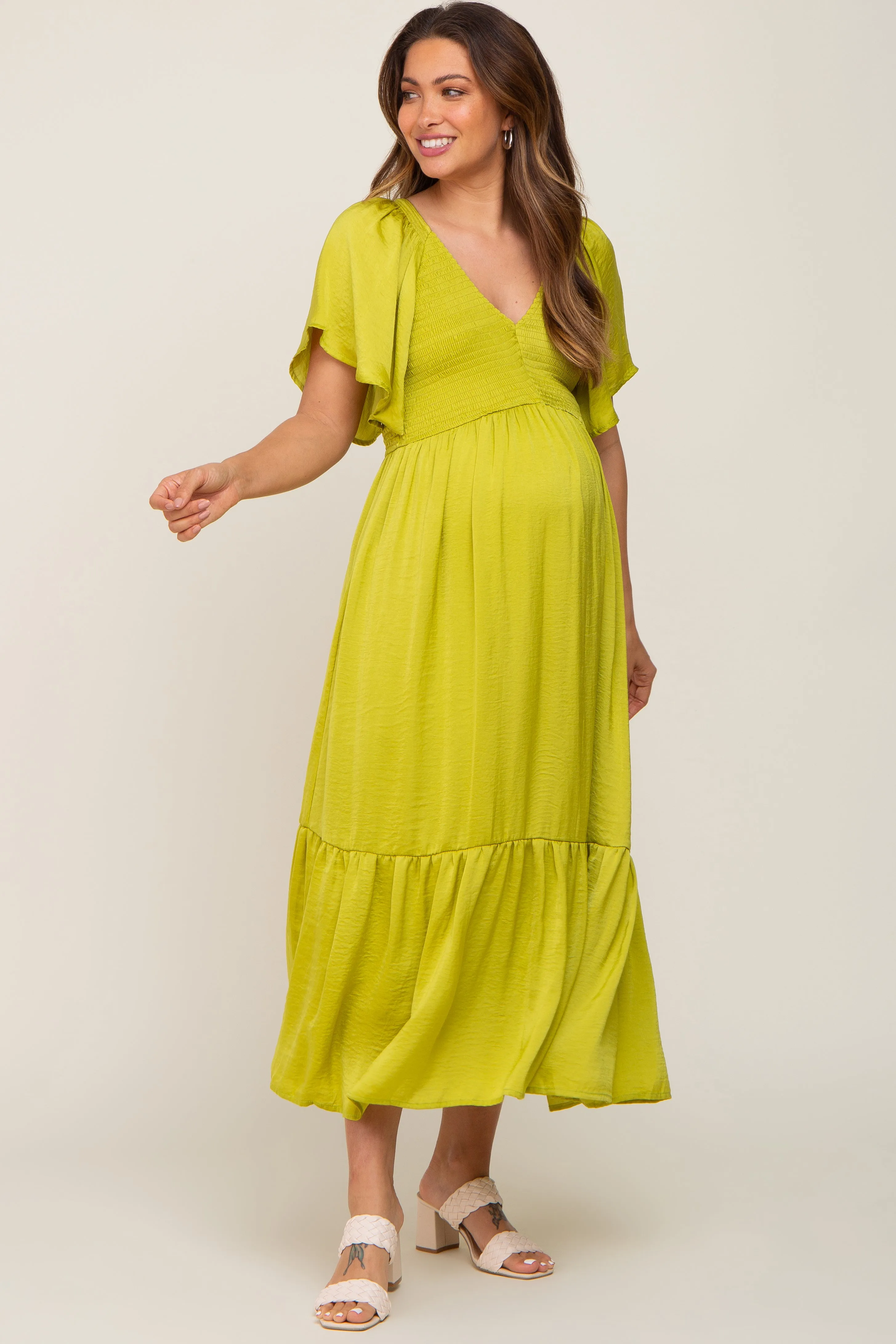 Green Satin Smocked Maternity Midi Dress