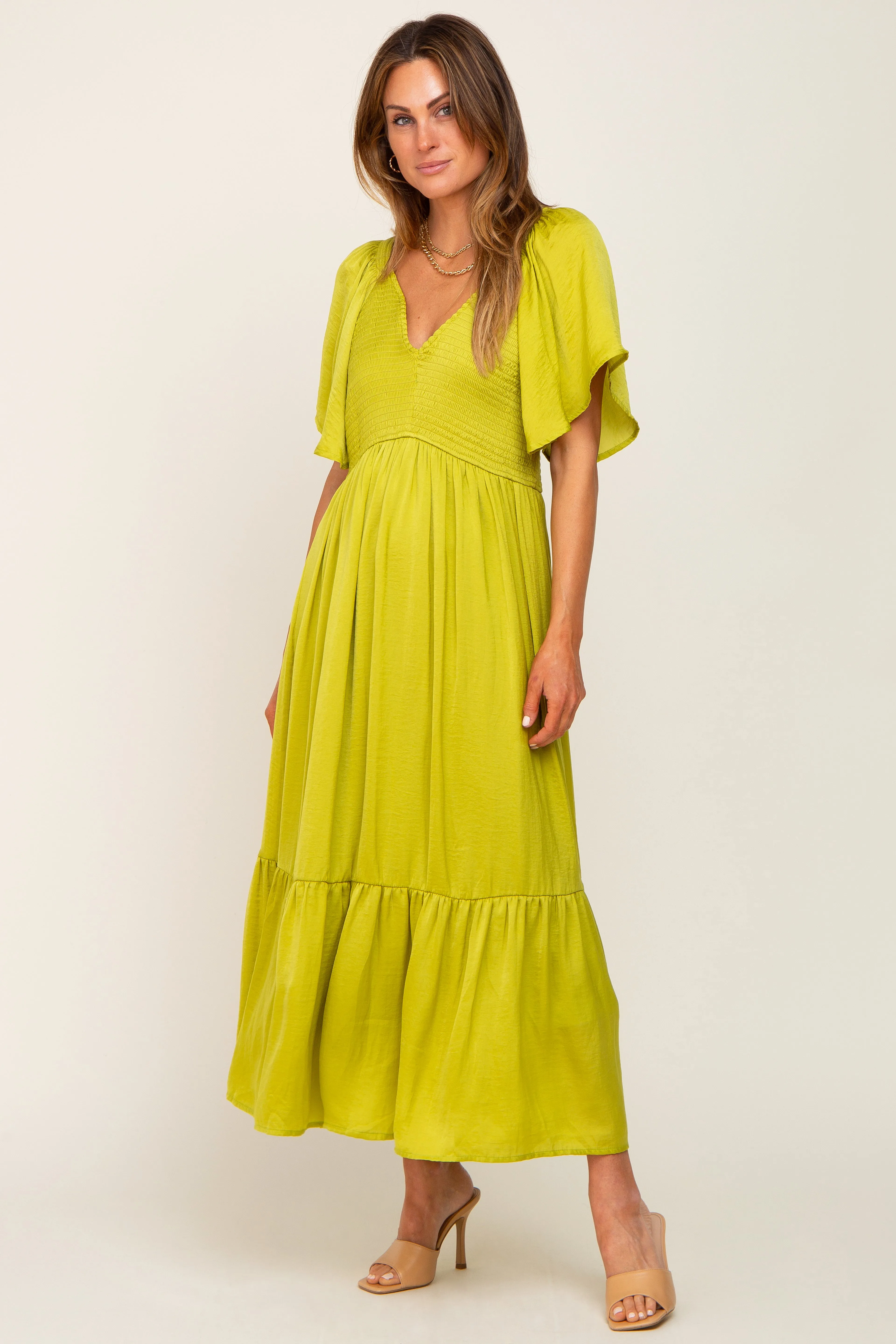 Green Satin Smocked Maternity Midi Dress