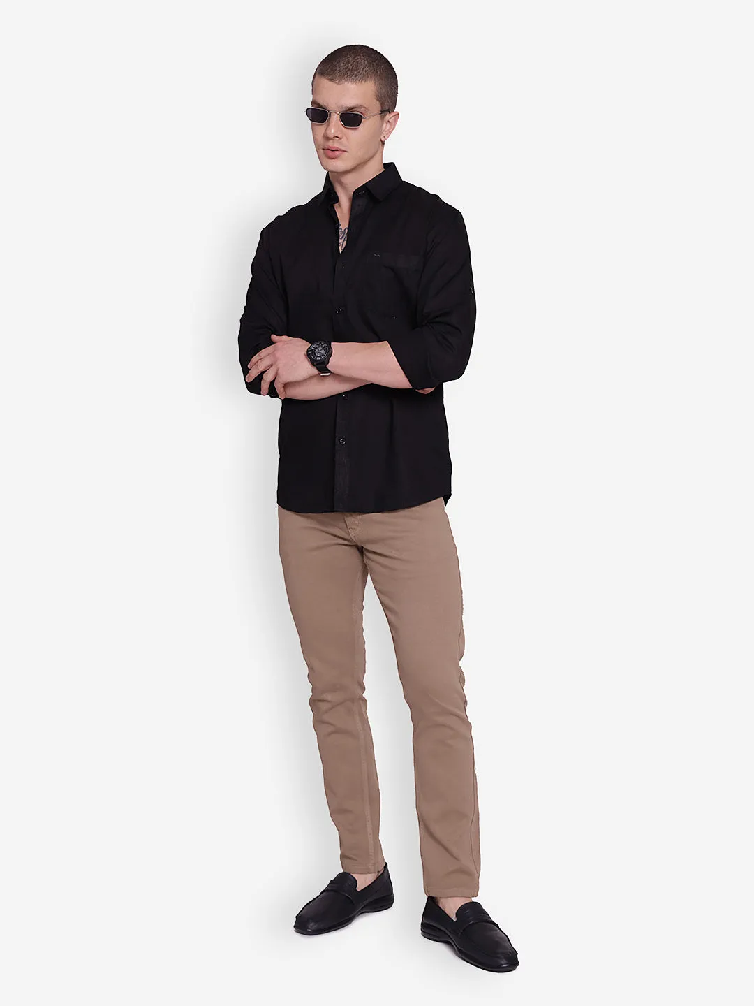 JUMP USA Men Black Solid Cotton Casual Shirts