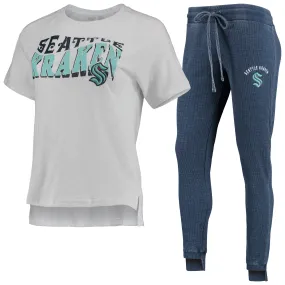 Lids Women's Concepts Sport Deep Sea Blue/White Seattle Kraken Resurgence Slub Burnout Raglan T-Shirt & Joggers Sleep S