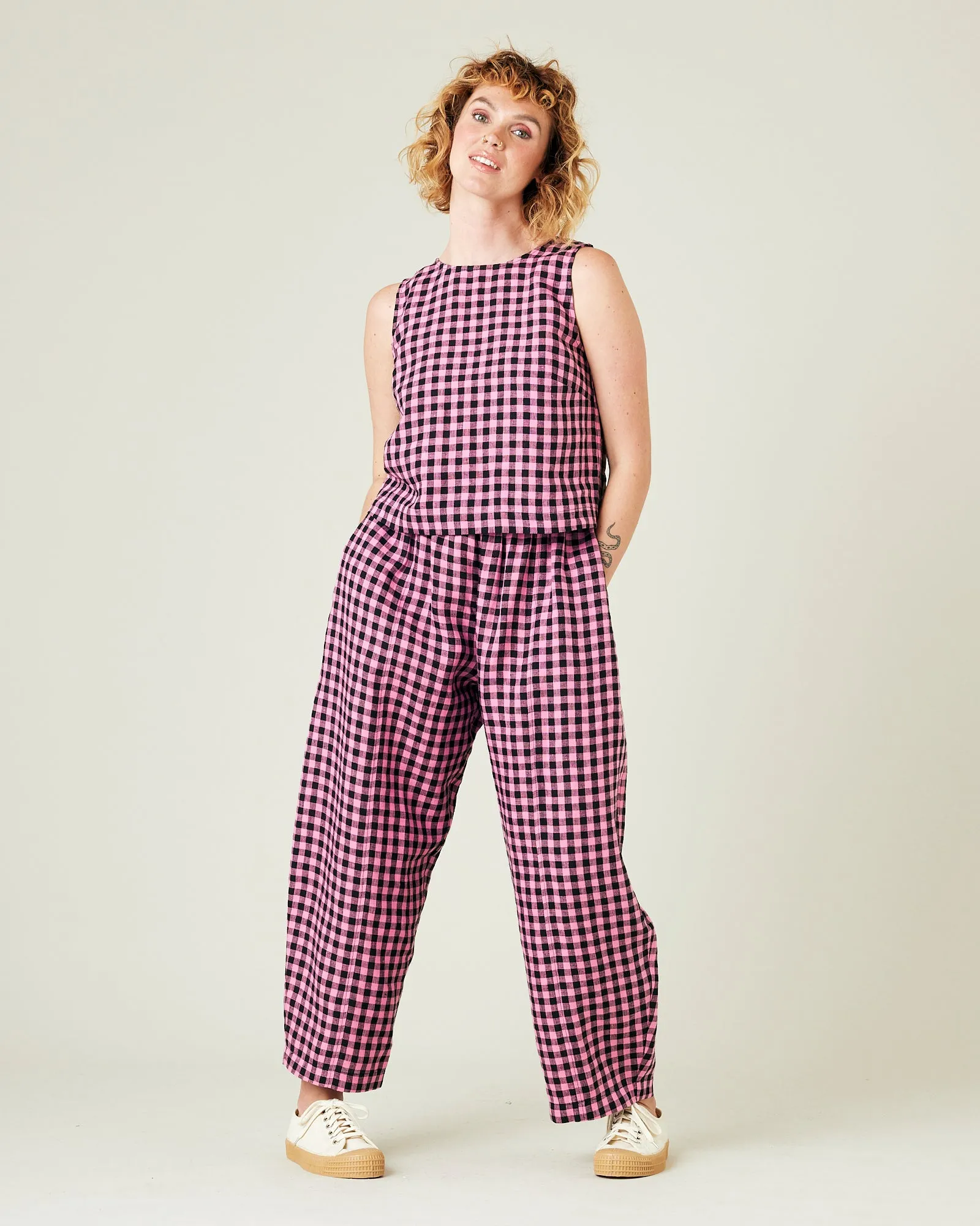 Mabel Pink & Black Gingham Linen Trousers