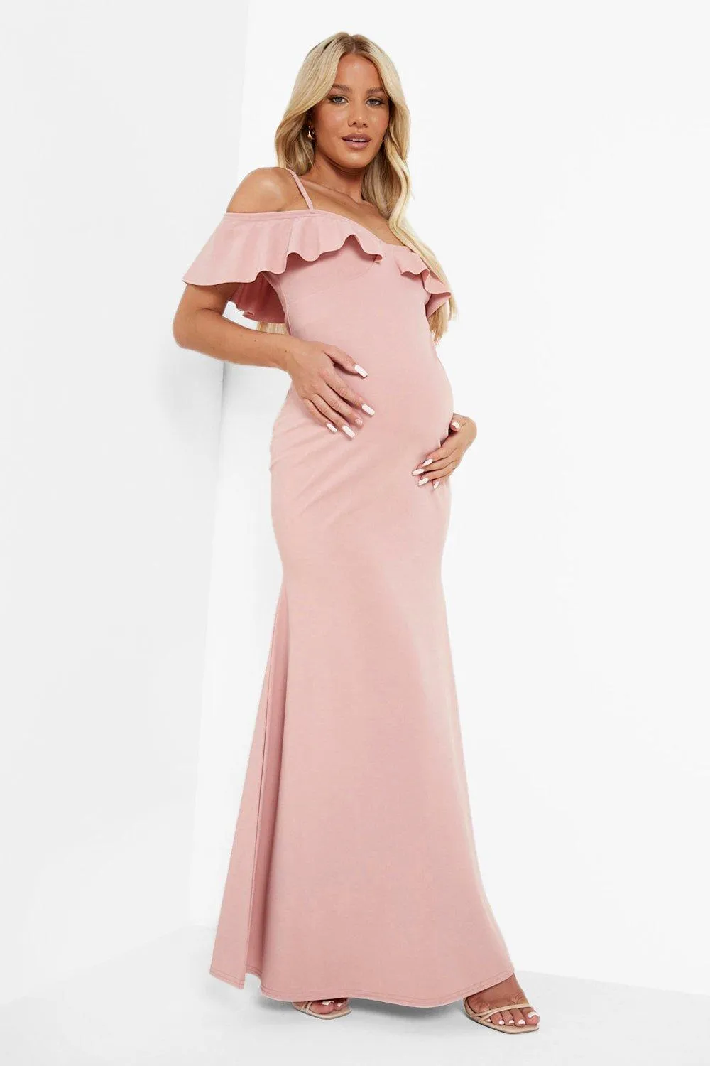 Maternity Cold Shoulder Frill Maxi Dress