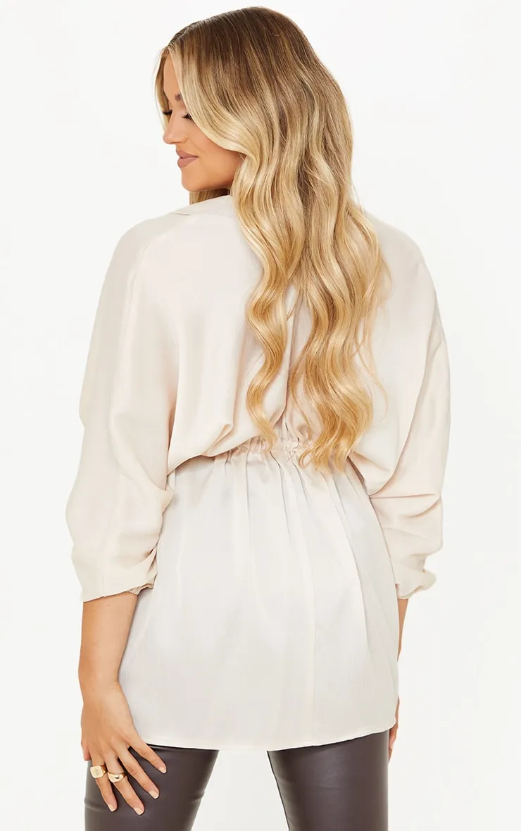 Maternity Cream Textured Plunge Tie Waist Blouse