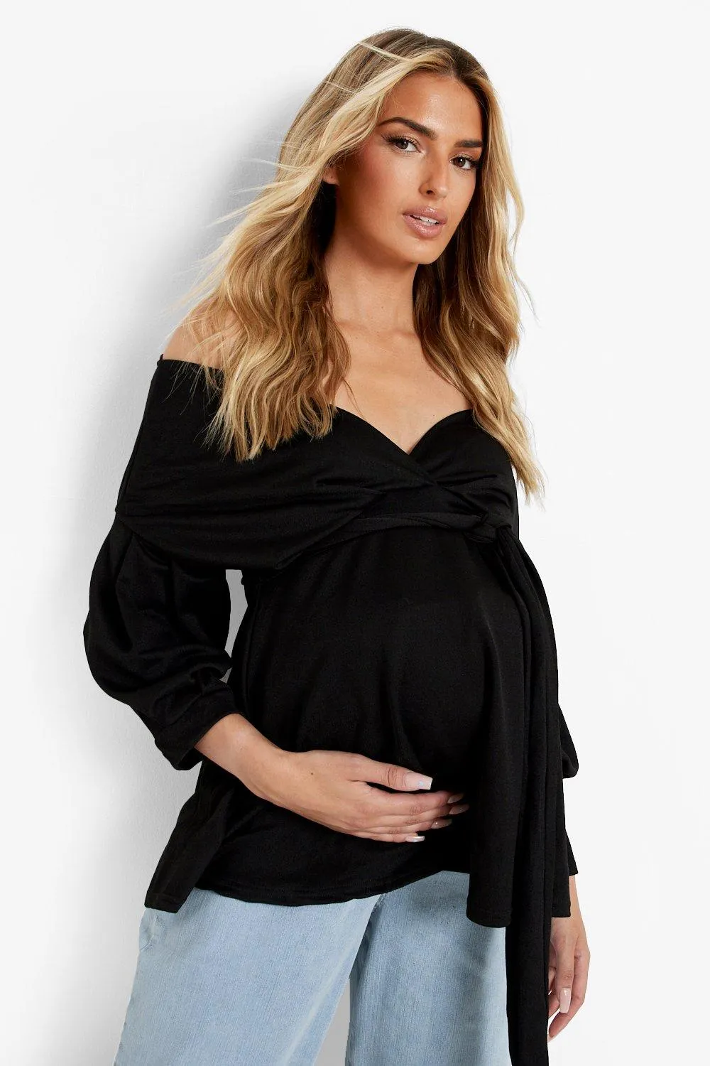 Maternity Crepe Off The Shoulder Peplum Top