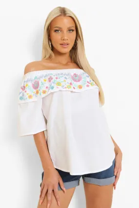 Maternity Embroidered Cotton Off The Shoulder Top