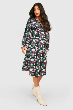 Maternity Floral Chiffon Ruffle Midi Dress