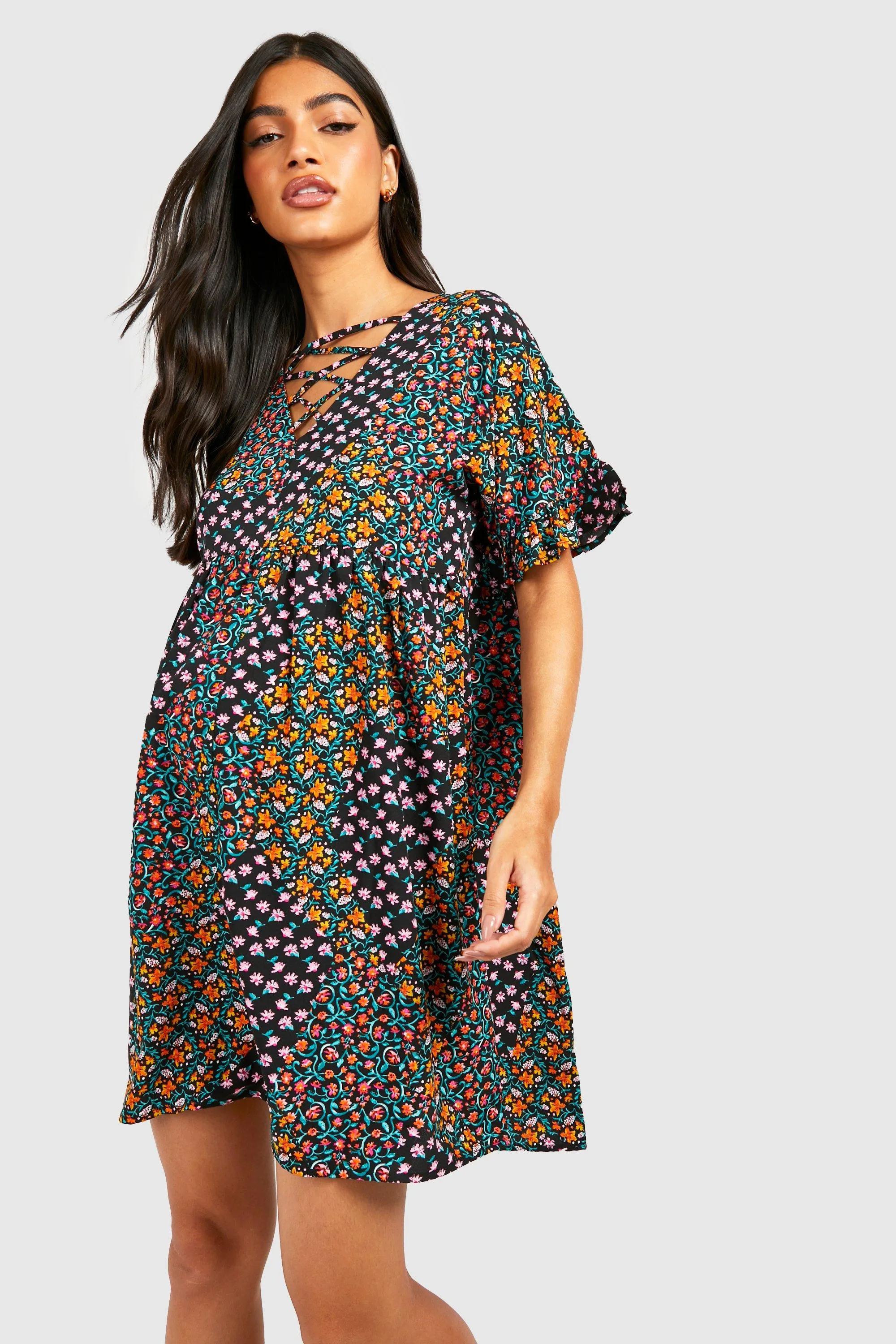 Maternity Floral Frill Sleeve Smock Dress