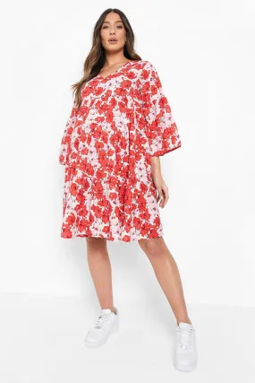 Maternity Floral V Neck Tiered Smock Dress