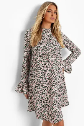 Maternity Long Sleeve Ditsy Frill Smock Dress