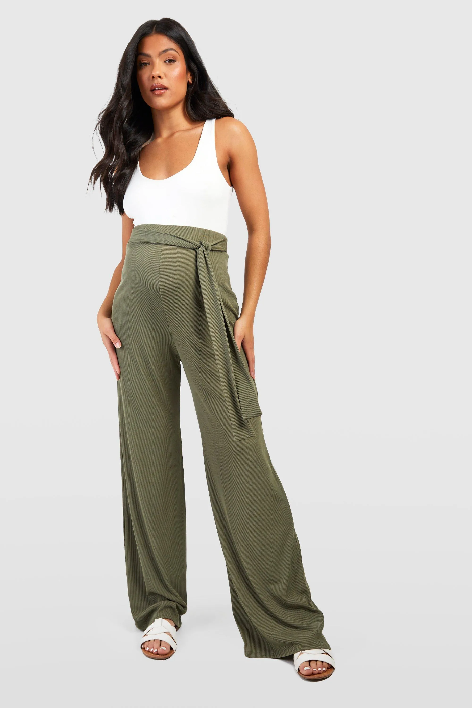 Maternity Rib Belted Wide Leg Pants