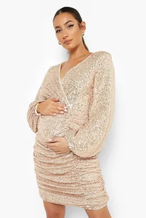 Maternity Sequin Balloon Sleeve Mini Dress