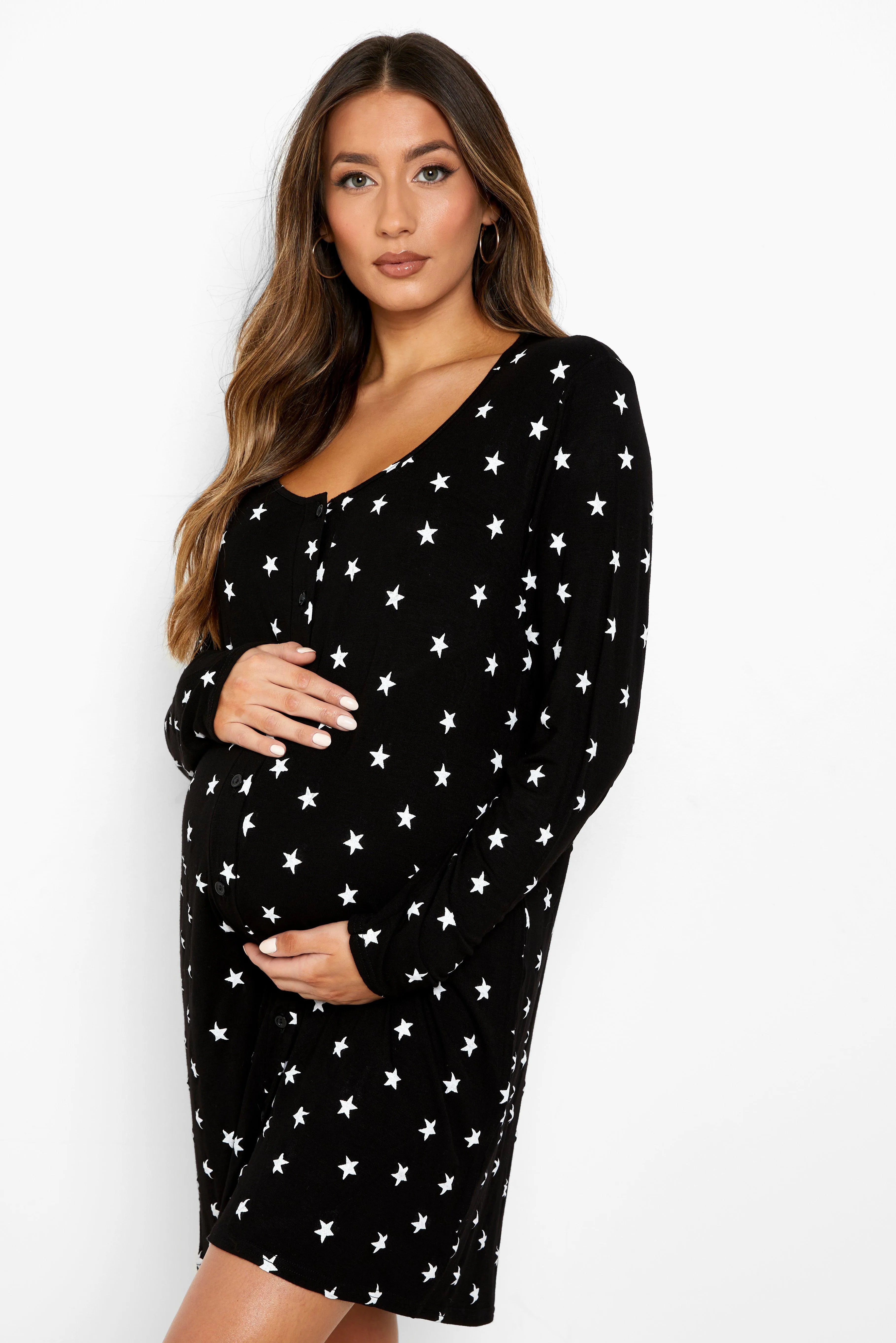 Maternity Star Button Long Sleeve Nightgown