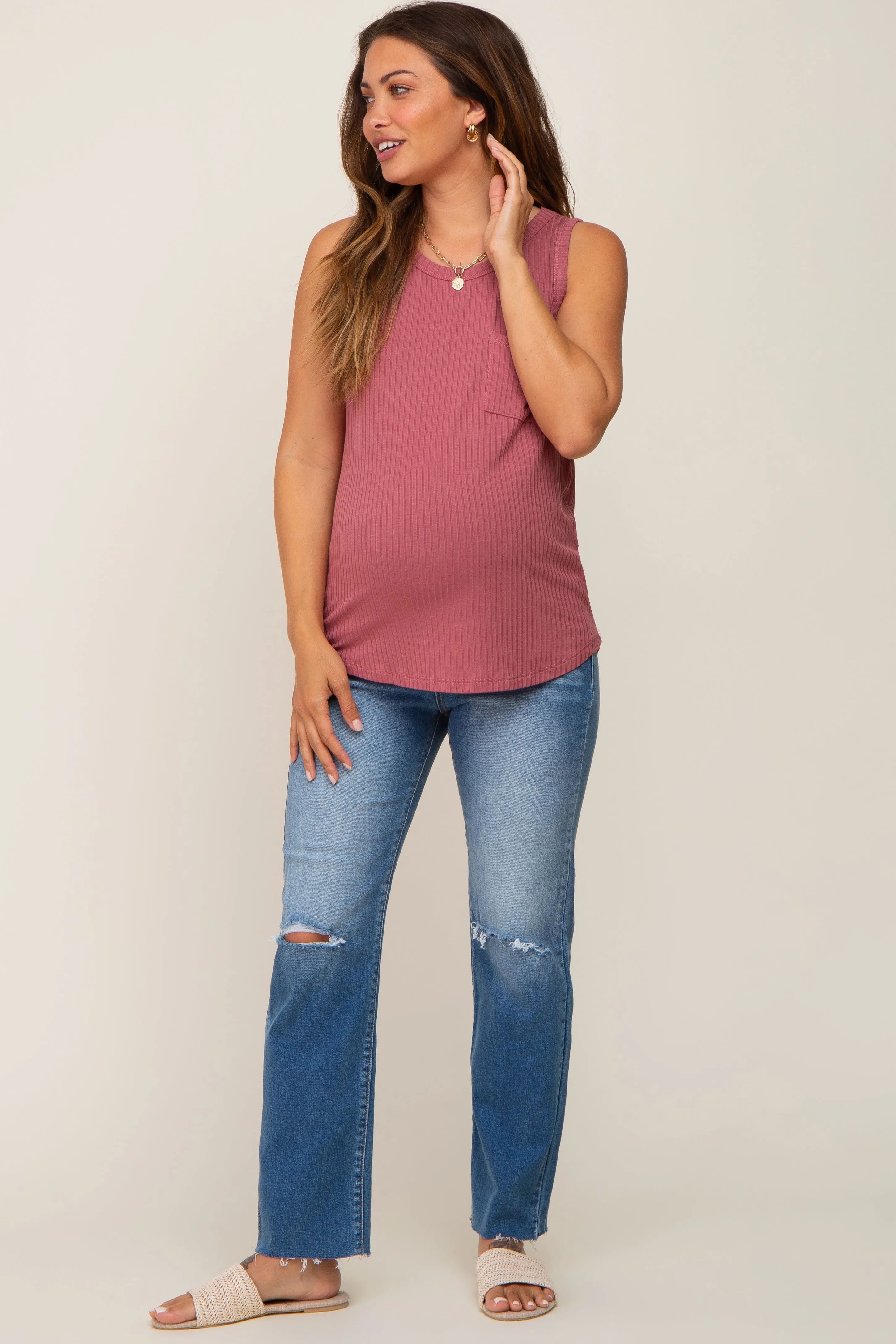 Mauve Ribbed Front Pocket Maternity Tank