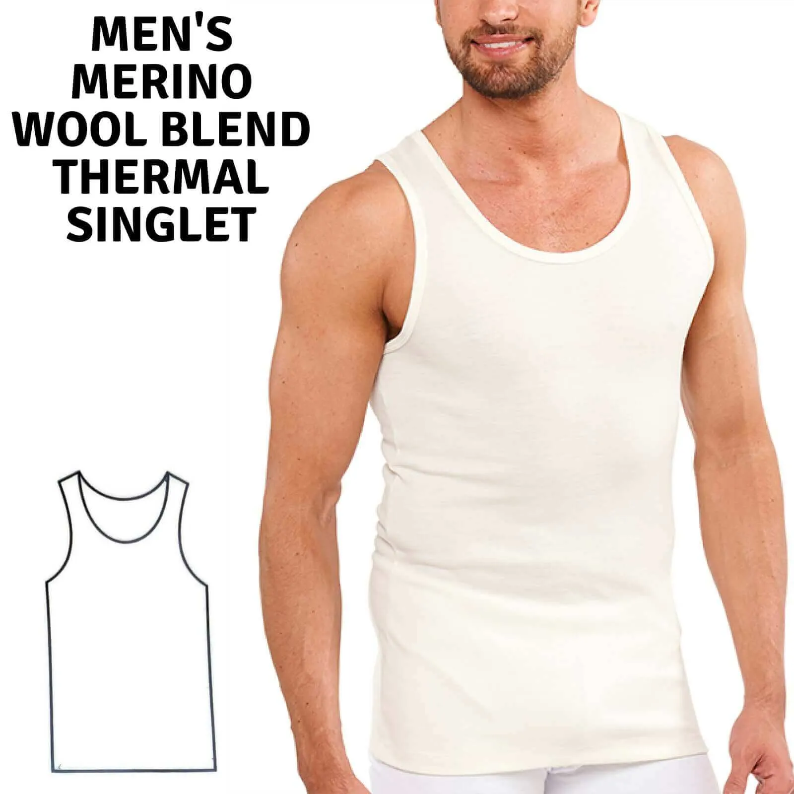 Mens THERMAL Merino Wool Blend Singlet - Natural