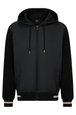 Mixed-material zip-up hoodie with signature-stripe trims