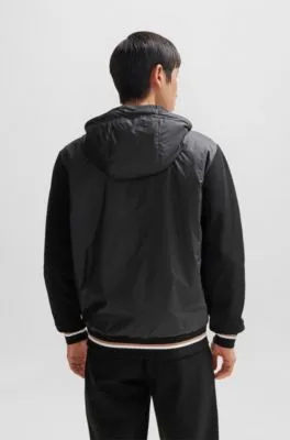 Mixed-material zip-up hoodie with signature-stripe trims