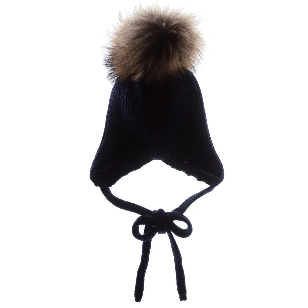 Navy Blue Wool Pom-Pom Hat 