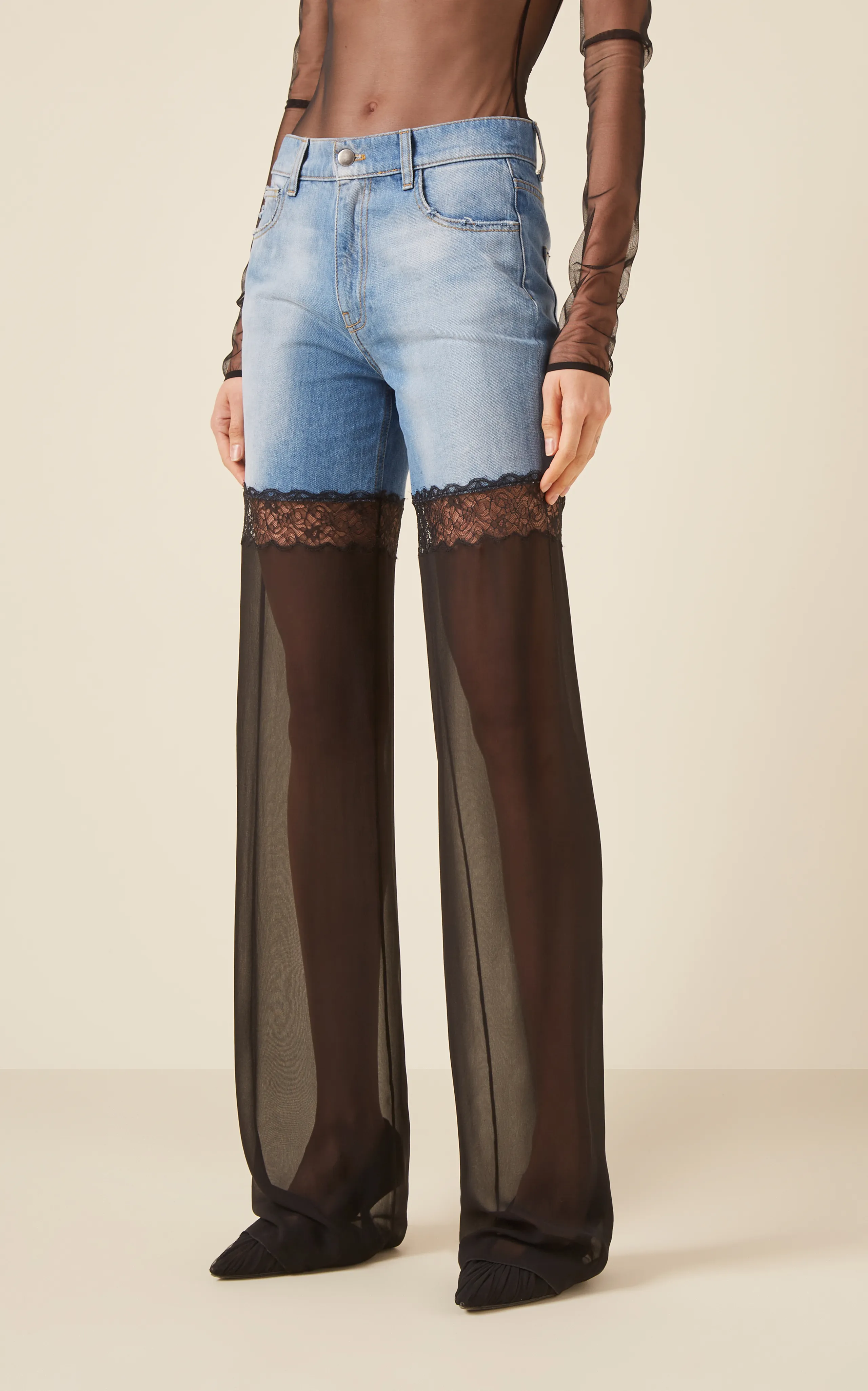 Nensi Dojaka Hybrid Denim and Mesh Wide-Leg Jeans