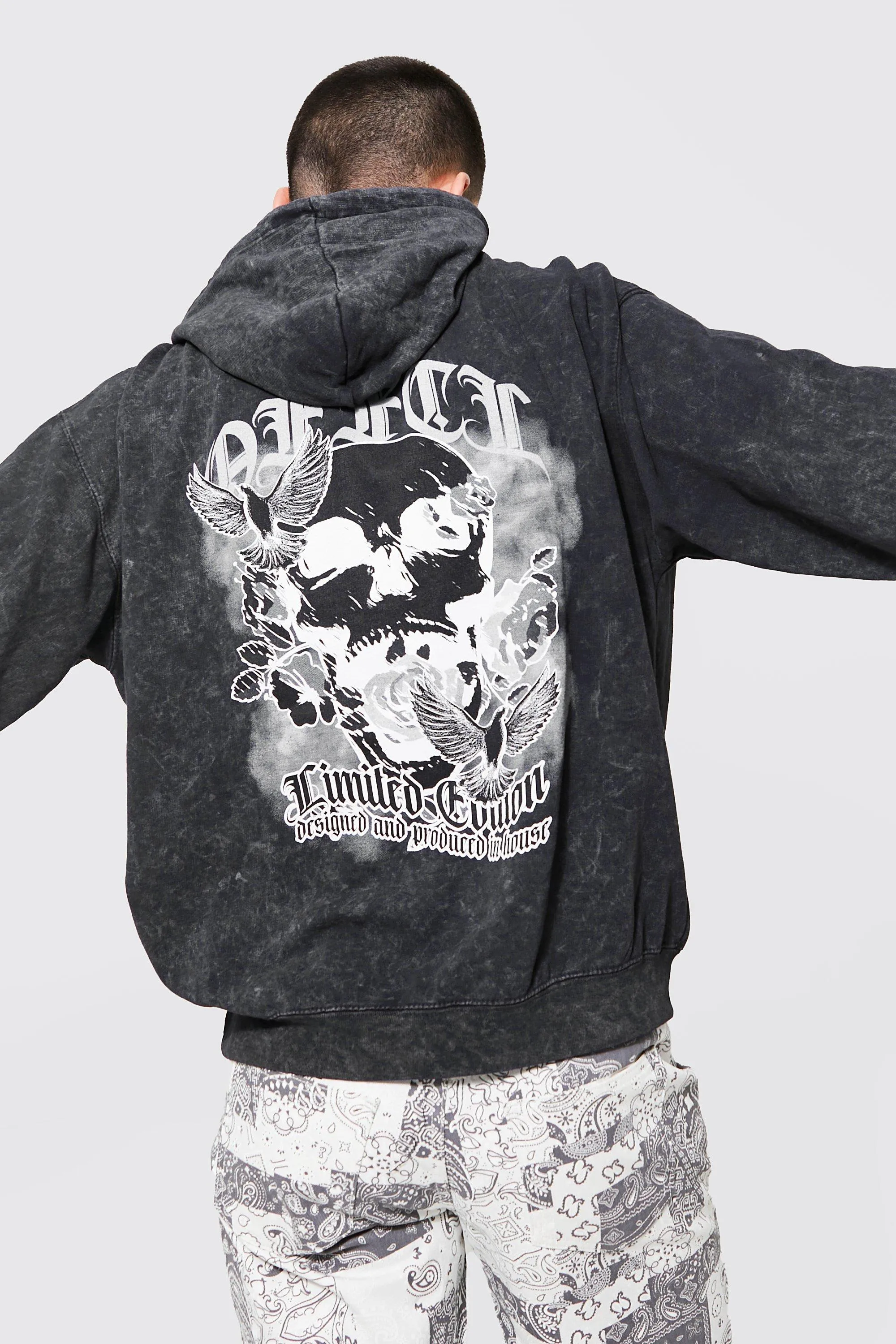 Offcl Skull Back Print Acid Wash Hoodie | boohooMAN UK