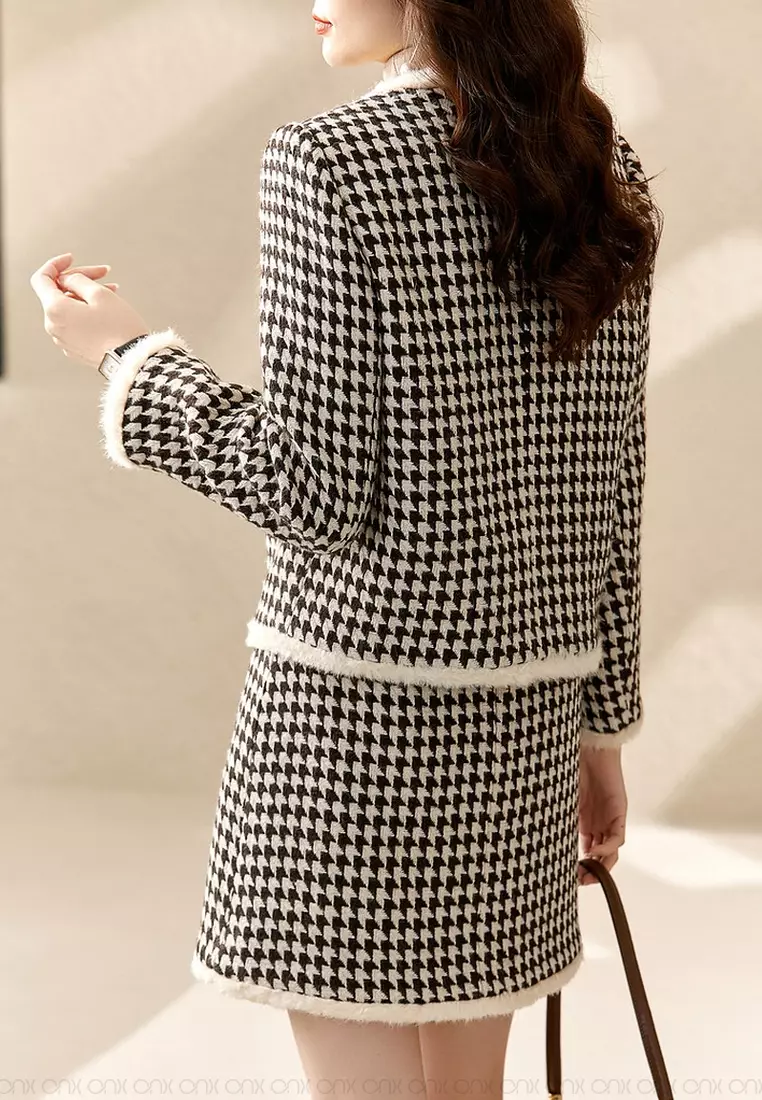 ONX.HK (2pcs)Light Luxury OL Plaid Jacket+Skirt Wool Set