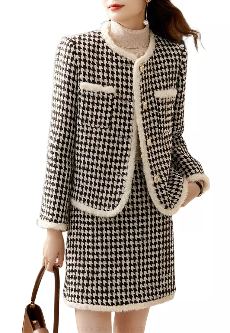 ONX.HK (2pcs)Light Luxury OL Plaid Jacket+Skirt Wool Set