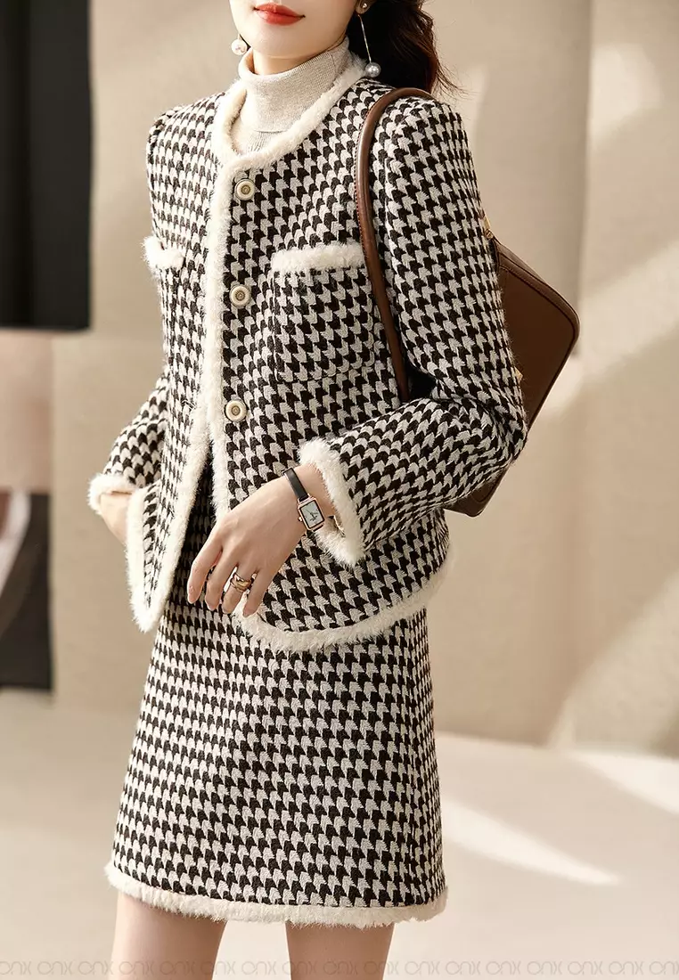 ONX.HK (2pcs)Light Luxury OL Plaid Jacket+Skirt Wool Set