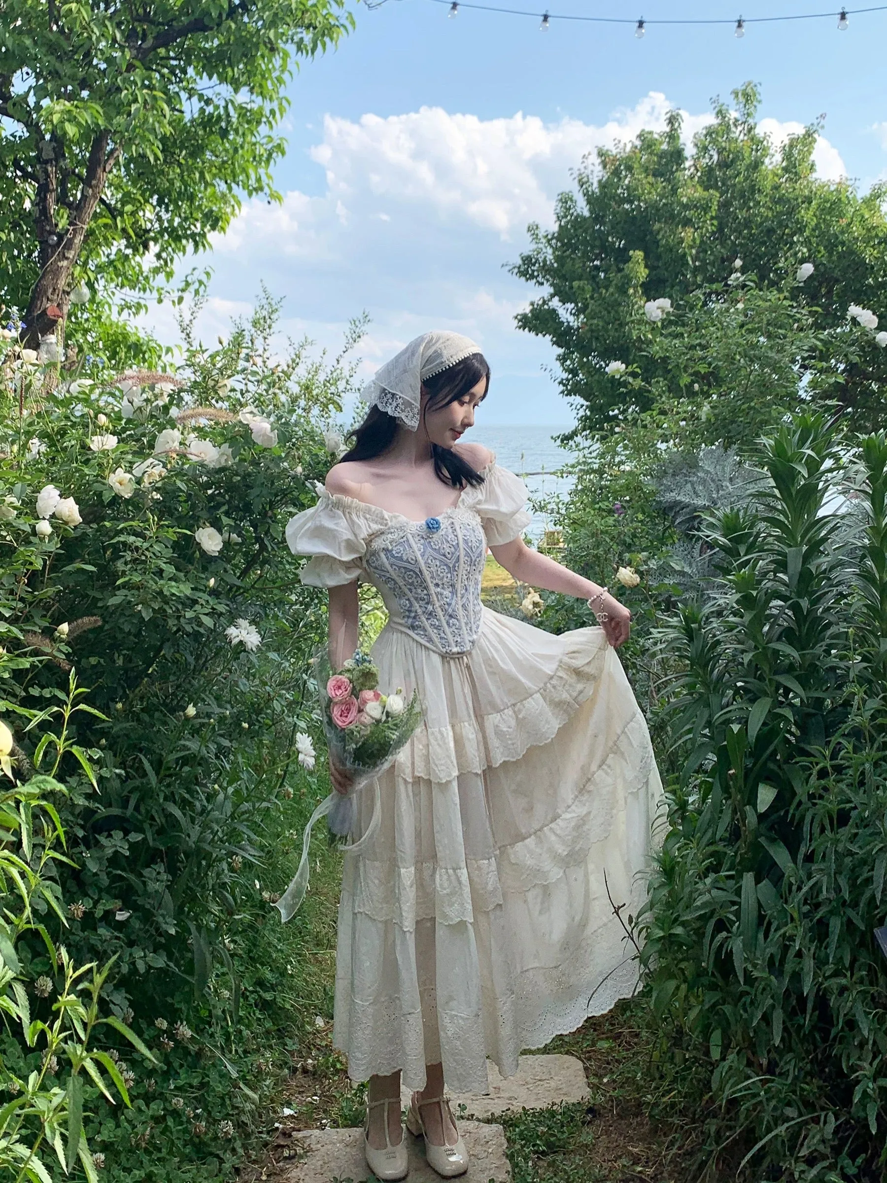 PartyYan Heidi Heavy Embroidery French Palace Waist Vest Two-piece Tea Break Skirt Jacquard Dress