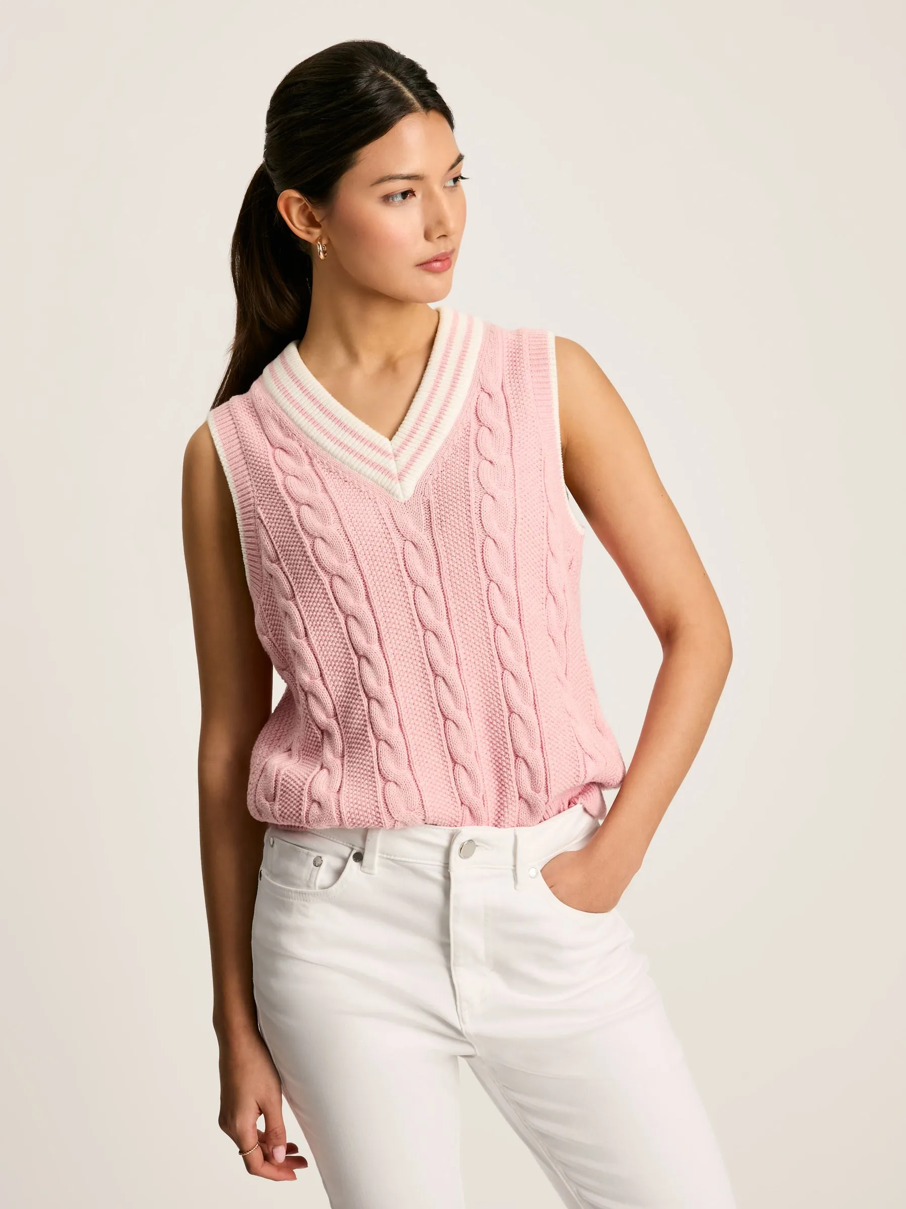 Pink Cable Knitted V-Neck Vest