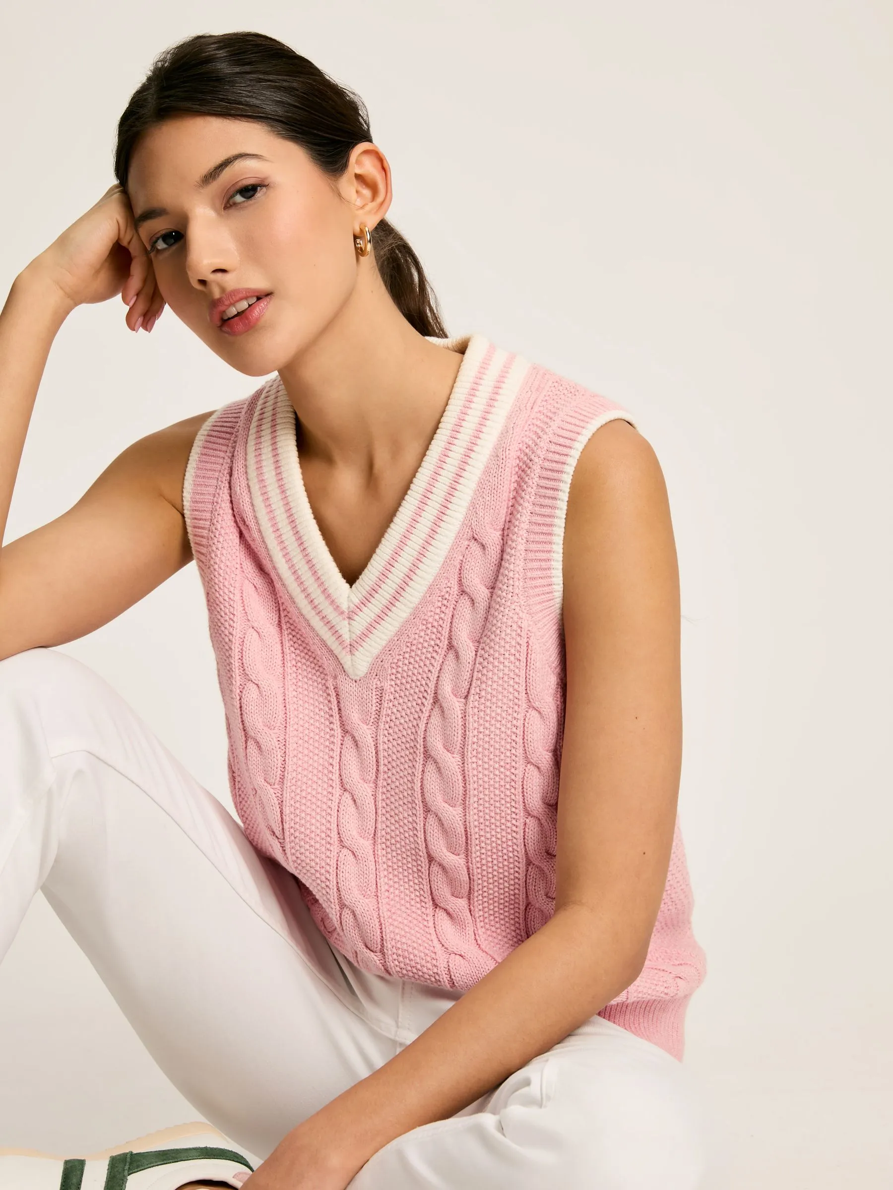 Pink Cable Knitted V-Neck Vest