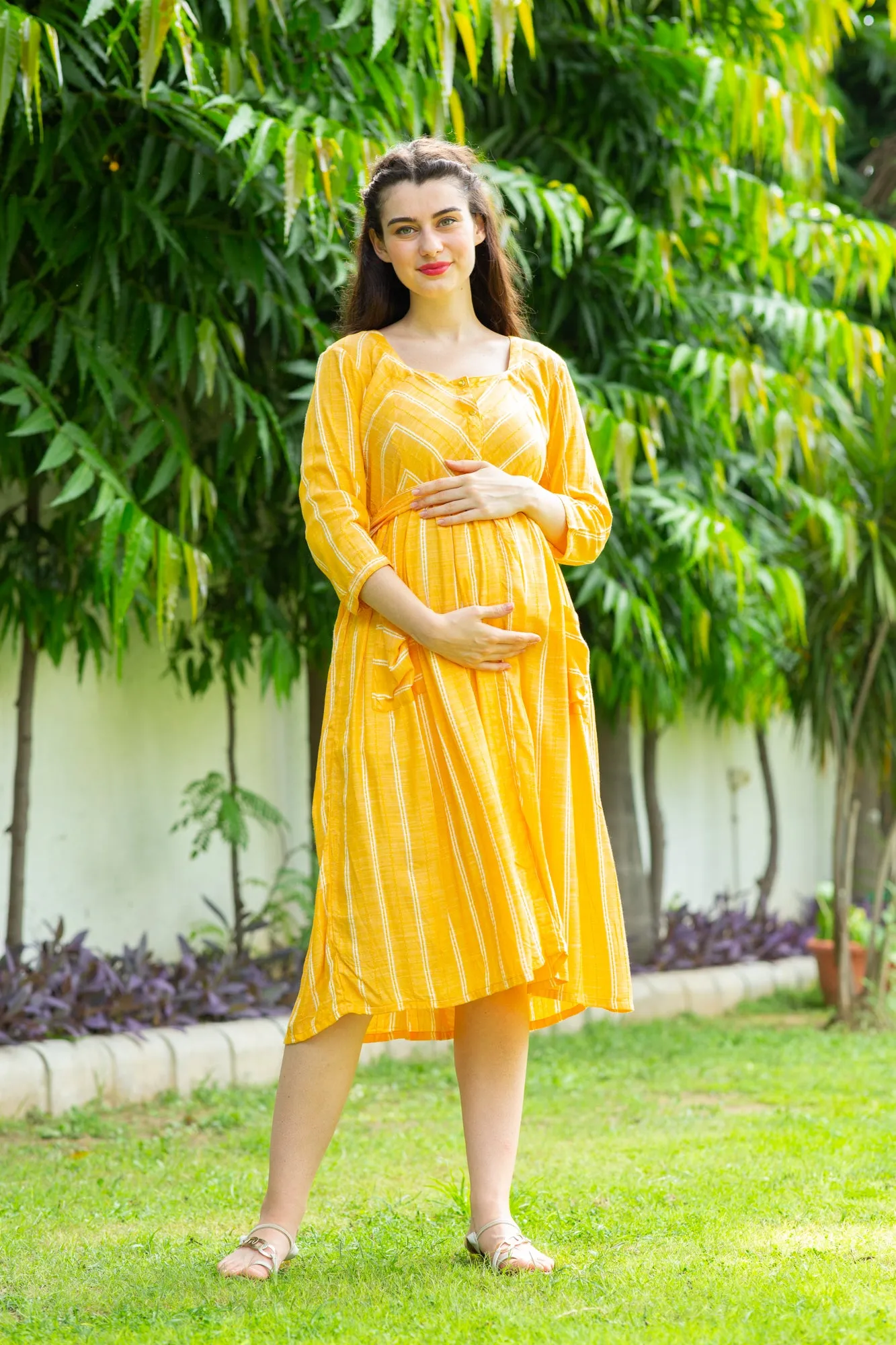 Playful Striped Pocket Maternity & Nursing Dress