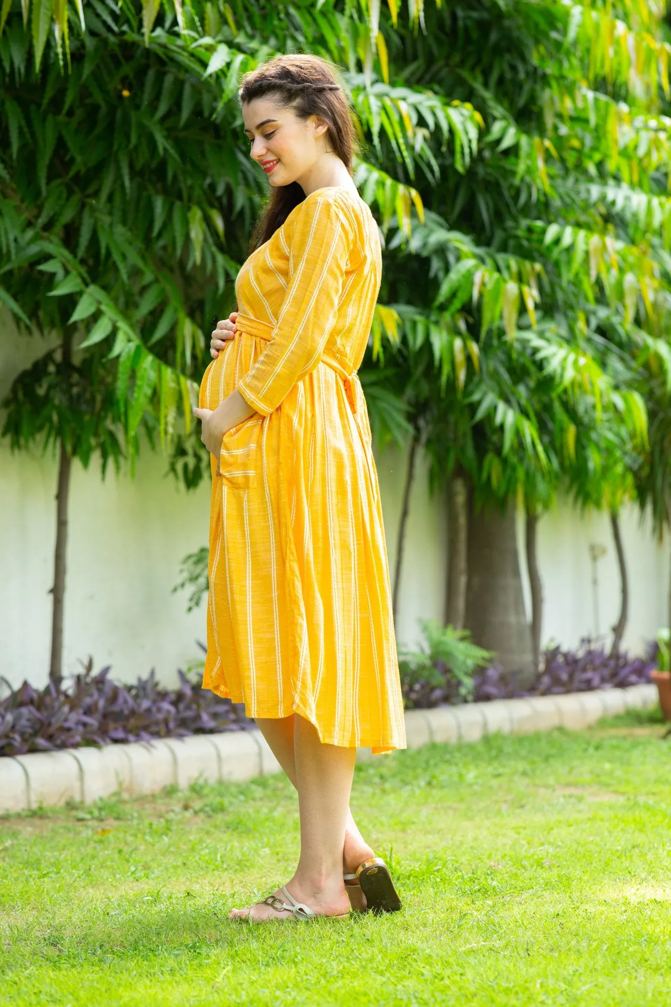 Playful Striped Pocket Maternity & Nursing Dress