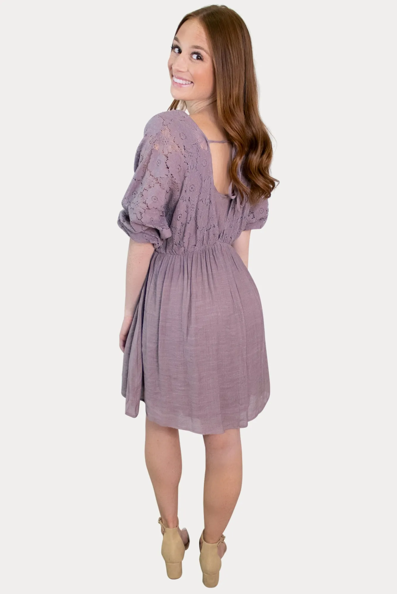 Purple Maternity Dress with Lace Sleeves