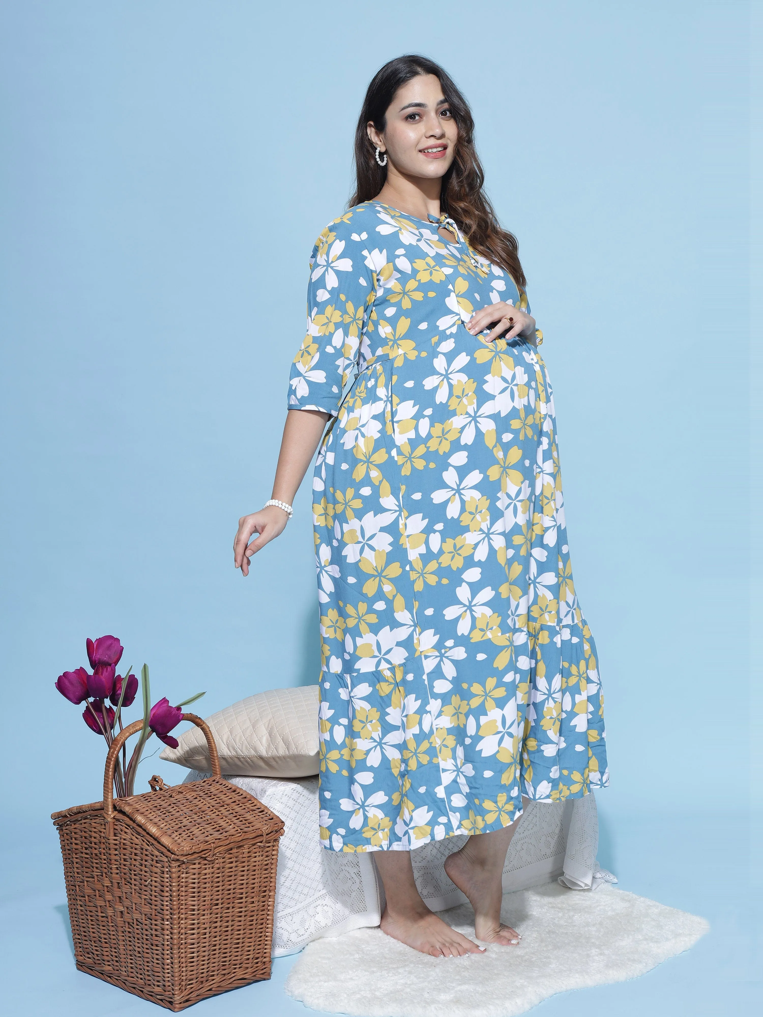 Rayon Maternity Feeding Dress Blue