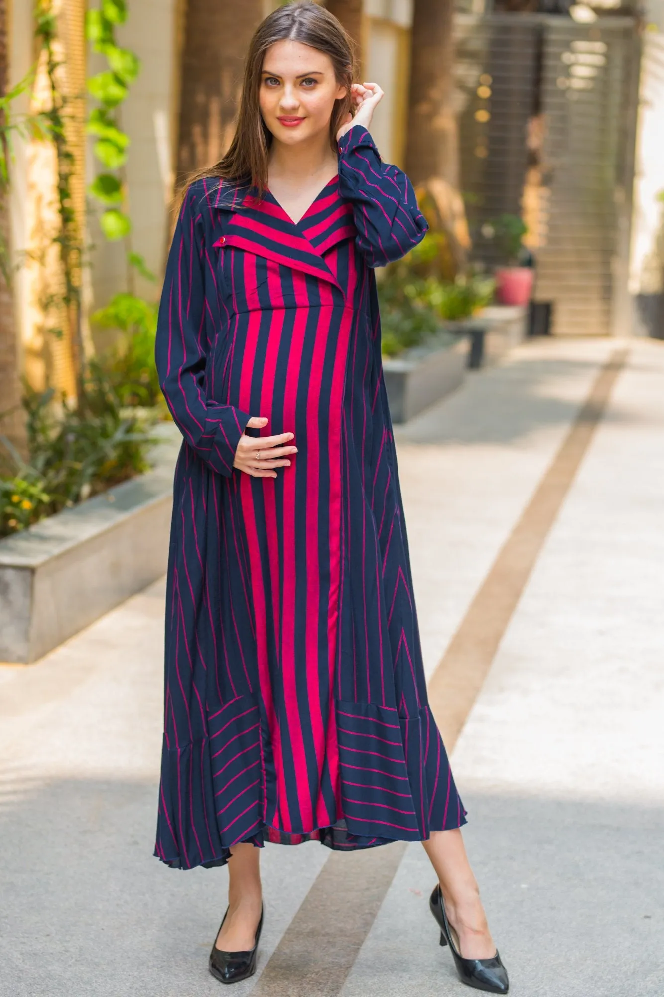 Regal Striped Maternity & Nursing Dress