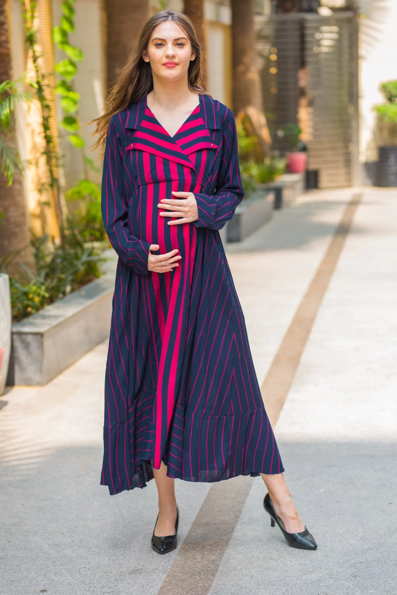 Regal Striped Maternity & Nursing Dress