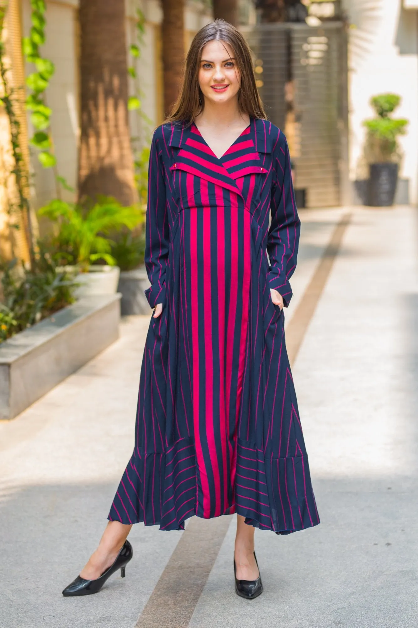 Regal Striped Maternity & Nursing Dress