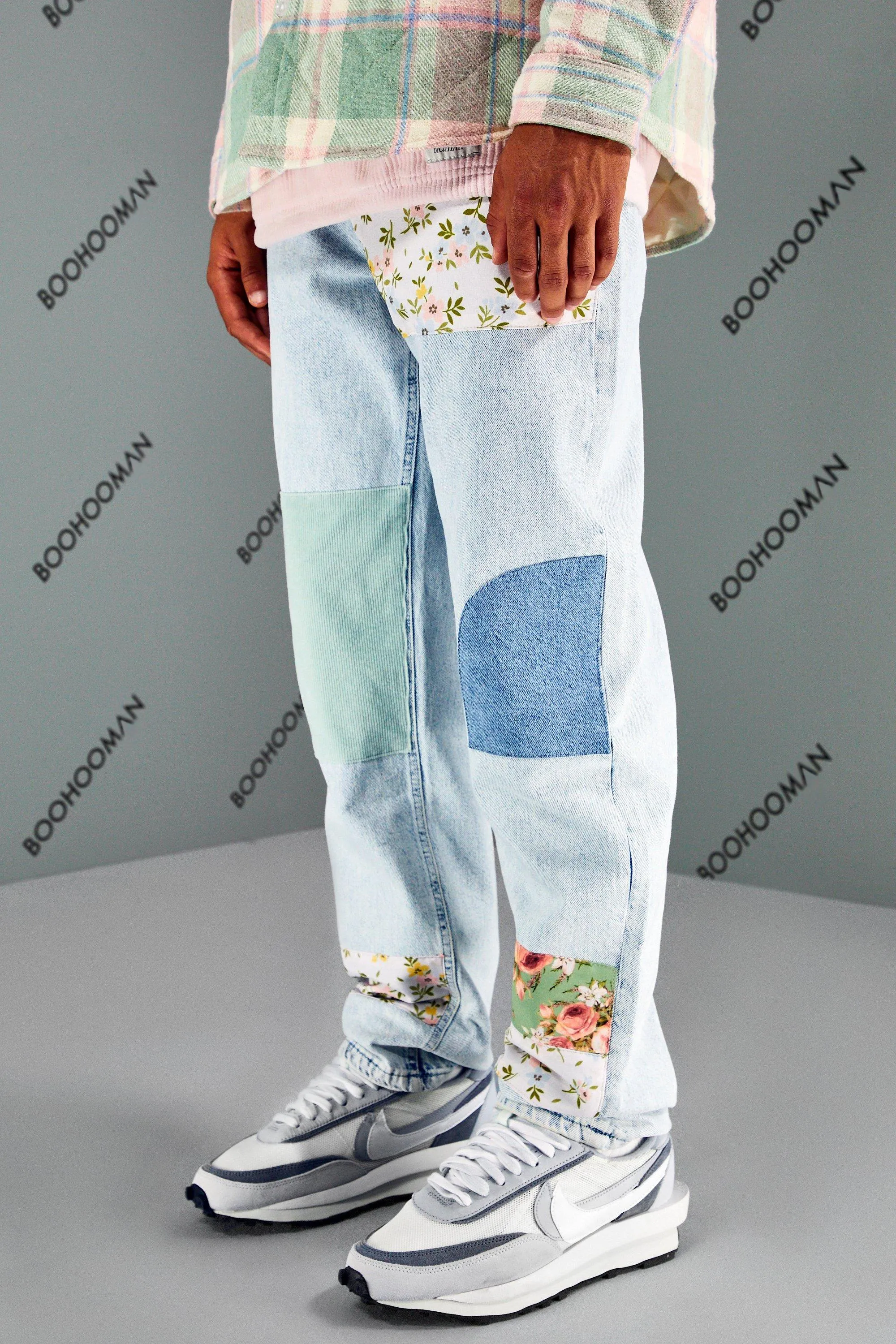 Relaxed Fit Floral Cord Patchwork Jeans