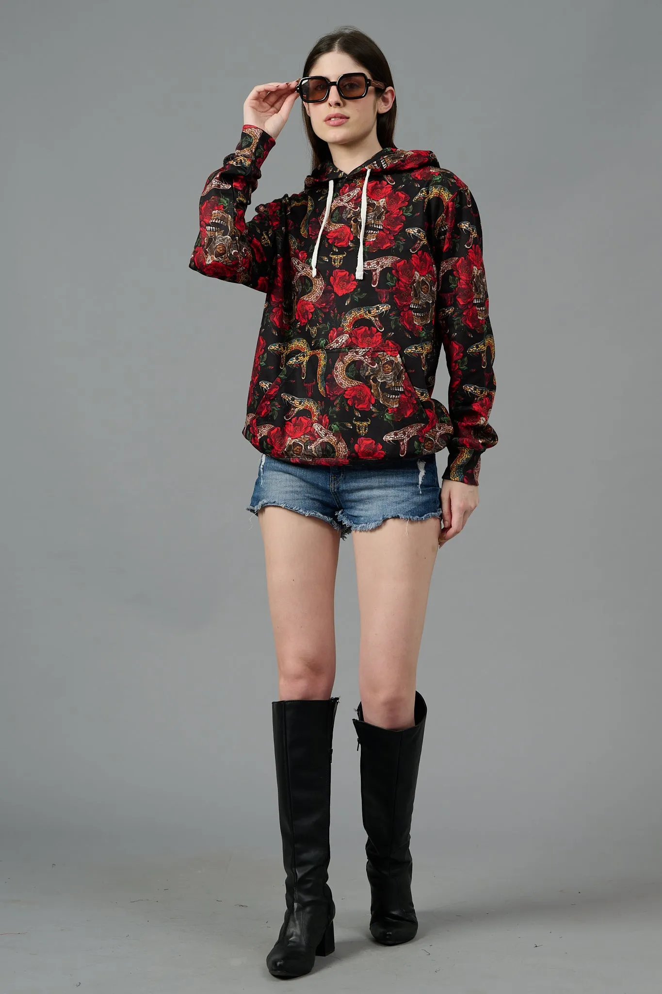 Rose with Snake Printed Hoodie for Women