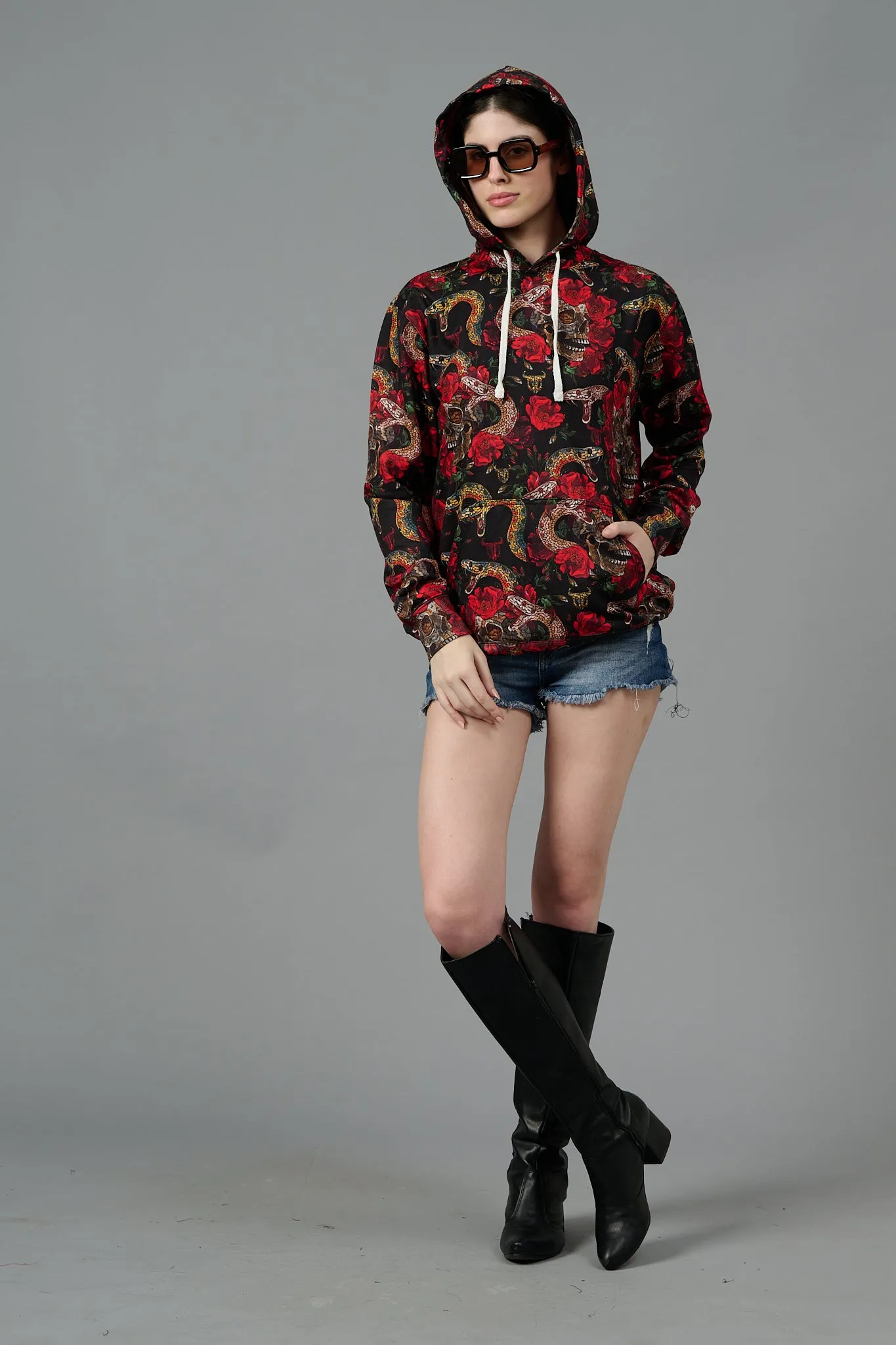 Rose with Snake Printed Hoodie for Women